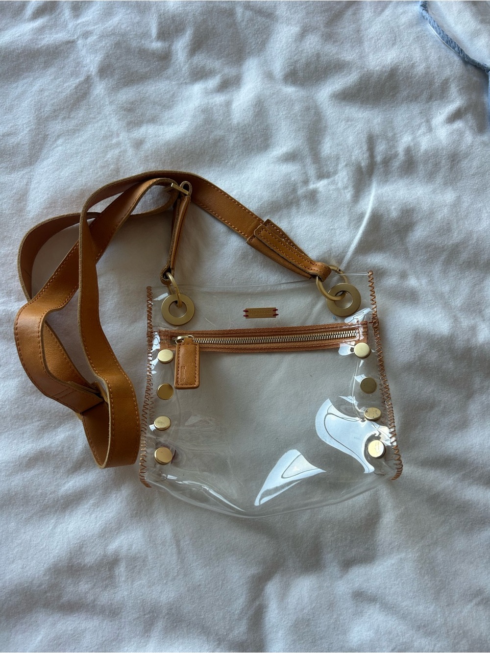 Hammitt Clear Stadium Crossbody Bag with Tan Trim and Gold Accents